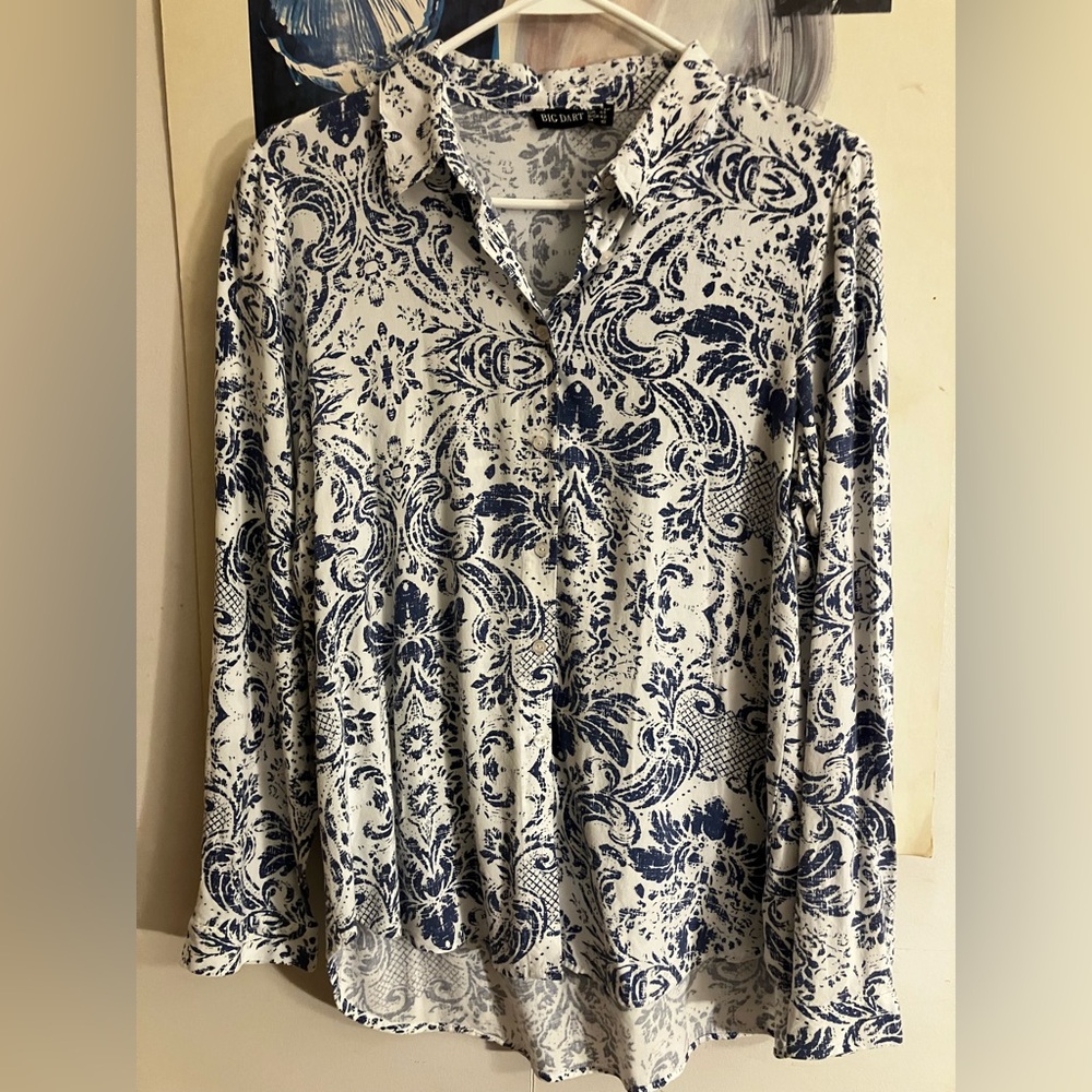 Big Dart Soft Navy and White Printed Button-Down Shirt